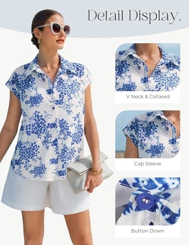 GRACE KARIN Floral Eyelet Spring Summer Tops for Women,2026 V Neck Dressy Casual Shirts,Boho Button Down Short Sleeve Blouses White Blue 2XL - Thumbnail 5