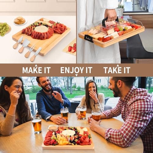 CAWIU Charcuterie Board with Lid and Handle - Portable Travel Design Bamboo Cheese Board Set with 4 Cheese Tools, Gift for Housewarming, Weddings, Picnics(1 Compartment, Black) - Thumbnail 3