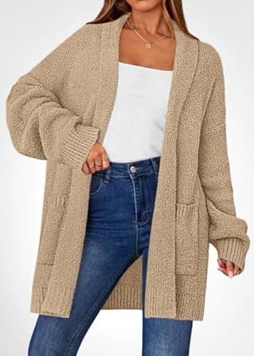 KIRUNDO Cardigan Sweaters for Women 2026 Fall Chunky Fuzzy Knit Open Front Loose Long Sleeve Sweater Coats Winter Clothing(Camel, Large) - Thumbnail 3