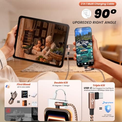 90 Degree USB Multi Charging Cable, 3 in 1 USB Cable for iPhone 17 Charger/ IP/Micro Port, Cruise Travel Essentials Right Angle Sideways Multi Charger Portable Designed for Phone Accessories 5FT 2Pack - Thumbnail 2