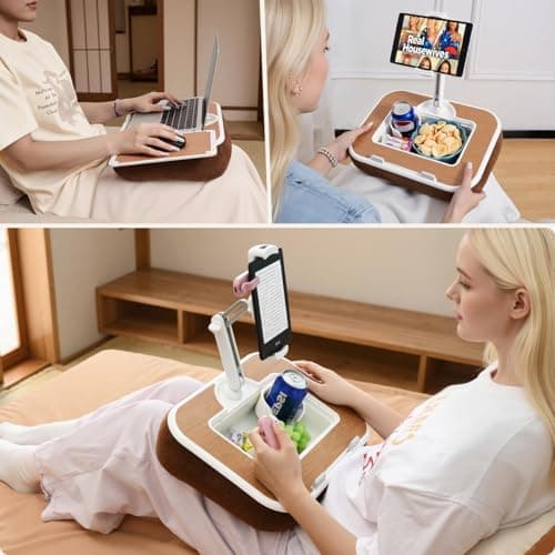 Tablet Pillow Stand with Snack Bowl, 360° Rotating Laptop Lap Desk for 4.7-13" Kindle/Tablet/Phone, 11-15" Laptop, Pillow Kindle Holder for Hands-Free Reading in Bed, Couch,Floor Etc-Wood Grain - Thumbnail 2