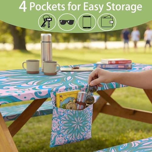 memKiya Fitted Waterproof Picnic Table Cover with Bench Covers Elastic Polyester 96in Camping Tablecloths for 8Foot Rectangle Tables Summer Fall Glamping Roadtrip Stuff Festival Vacation Items Gift - Thumbnail 5