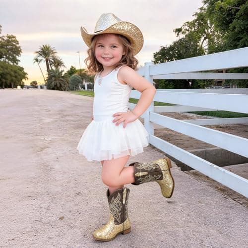DREAM PAIRS Girls Cowgirl Boots Glitter Toddler Cowboy Boots Child Mid Calf Riding Shoes Party Birthday Dress Up for Toddler/Little/Big Kid,Size 11 Little Kid,Gold,SKMB26002K - Thumbnail 2