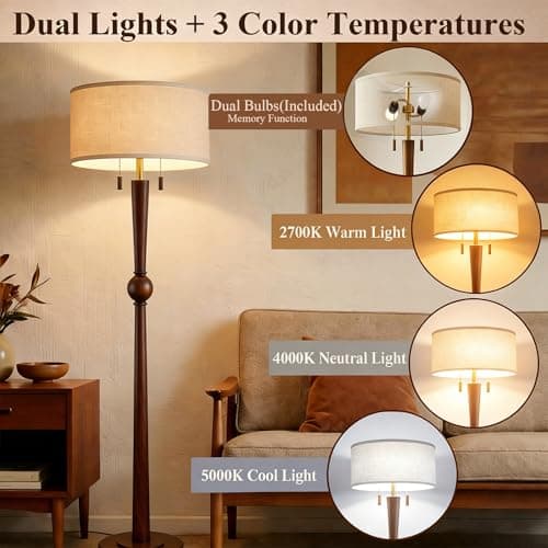 MOFFE 62.8" Solid Wood Floor Lamp,Tall Standing Floor Lamp with 2-Light Pull Chain, 17" Linen Drum Shade, Sculptural Wood Base & Stem,Transitional Floor Lamp for Living Room Bedroom, Includes 2 Bulbs - Thumbnail 4