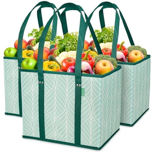Reusable Grocery Bags (3 Pack) – Heavy Duty Reusable Shopping Bags for Groceries with Box Shape to Stand Up, Stay Open, Fold Flat – Large Tote-Bag is Foldable with Long Handles & Hard Bottom (Green) - Image 1