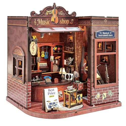 Book Nook Kit DIY Miniature House for Adults, Music Shop Dollhouse Bookshelf Insert with LED Light, DIY Craft Model Kit for Adults & Teens, Unique Bookshelf Decor Gift for Book Lovers - Image 1