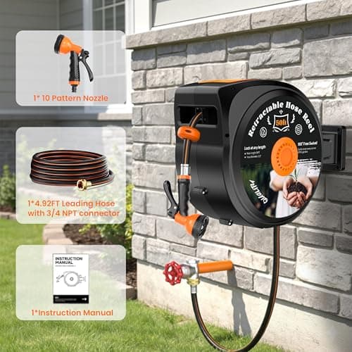 Retractable Garden Hose Reel, 1/2 in x 65 ft Wall Mounted Hose Reel Heavy Duty with 10-Function Sprayer Nozzle, Any Length Lock, Slow Return System, 180°Swivel Bracke for Large Yard Lawn Car Washing - Thumbnail 4