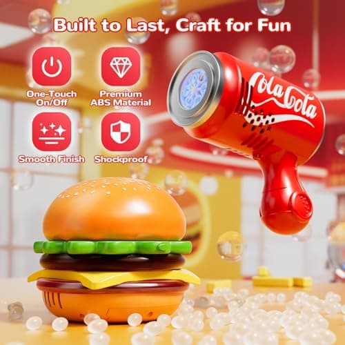 Burger & Cola Bubble Machine Combo W/Bubble Gun, 10 Bubble Solution Packs, Kids Automatic Bubble Blower Toy W/Music & Light, Handheld & Tabletop Bubble Maker, Gift for Birthday, Party Outdoor Fun - Thumbnail 6