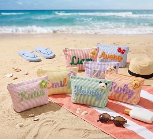 NYLGOXITK Personalized striped makeup bag, portable toiletry bag perfect for beach and villa pool vacations. Custom storage cosmetic bag for ladies daily use, ideal travel gift. - Thumbnail 4