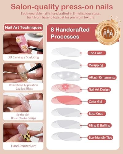 10 pcs Handmade Press on Nails, 3D White, green, Magenta + Magenta flowers Fake Nails,The effect is just like a salon manicure French Reusable Full Cover, Salon Grade Manicure stiletto Size M - Thumbnail 5