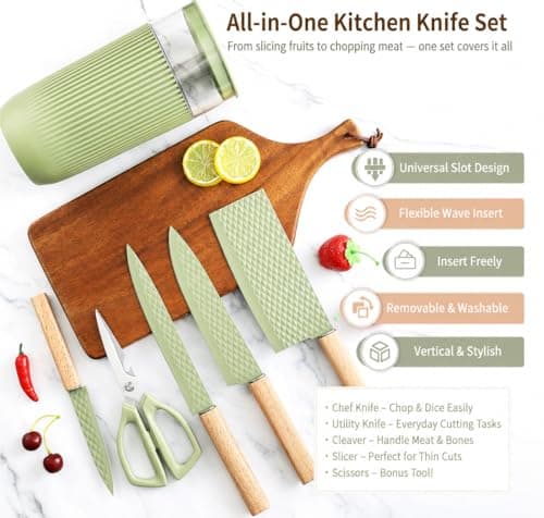 TOPLUCKY Knife Set, 6-Piece Kitchen Knife Set with Sharp Chef and Meat Knives, Anti-Rust Utility Knives Set for Kitchen, Kitchen Knife Block Set （Green） - Thumbnail 2