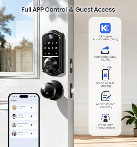 Veise VE017-K Fingerprint Smart Lock with 2 Knobs, App Control, Keyless Entry Front Door Lock Set, Electronic Touchscreen Keypad Deadbolt, Emergency Power Port, Easy Install, Auto-Lock, Matte Black - Thumbnail 2