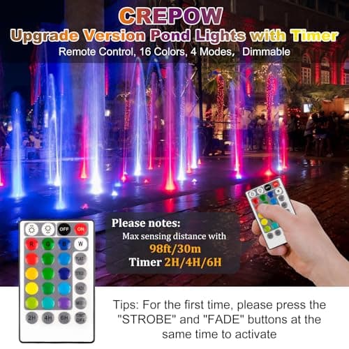 CREPOW RGB Pond Lights with Timer, LED Underwater Submersible Fountain Light, 98ft Remote Control IP68 Waterproof Colorful Landscape Spotlights for Fish Aquarium Tank Garden Yard Pool (Set of 4) - Thumbnail 3