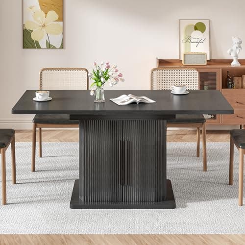 Extendable Black Dining Table for 4-6, 47-65 Inch Rectangle Dining Room Kitchen Table with Large Storage, Wood Sliding Door, Mid Century Modern Dinner Furniture, Fluted, Space Saving, Living Room - Thumbnail 3