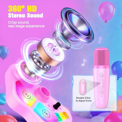 Kids Adjustable Stand Karaoke Machine Toy, 3-8 Year Old Girls Rechargeable Microphone Portable Bluetooth Speaker with 2 Mics, Toddlers Birthday Party Gifts Singing Toys for Girl Ages 3 4 5 6 7 8 - Thumbnail 6