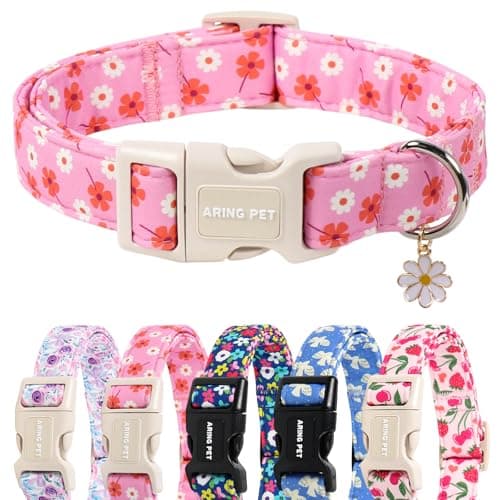 ARING PET Girl Dog Collar, Cute Spring Summer Pink Daisy Floral Pet Collars for Puppy Small Medium Large Female Girly Dogs-XS, for Daily Outdoor Walking Training