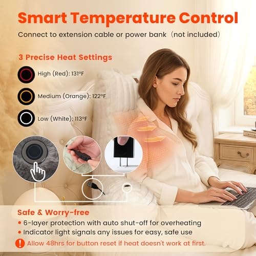 Amélie Home Heated Faux Fur Reading Pillow 3 Temperature Backrest for Sitting in Bed Support Cushion, USB-Powered(No Power Bank Included) Warming (113°F-131°F), 3H Auto Shutoff, Ivory, 26 Inches - Thumbnail 4