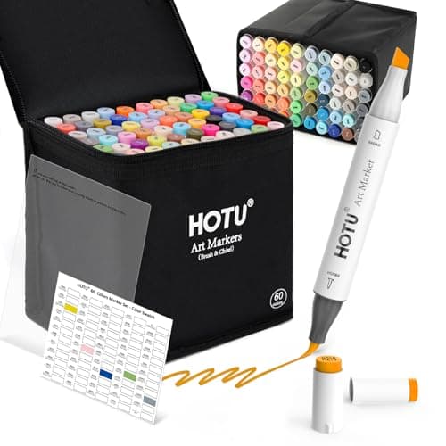 HOTU Alcohol Markers Brush Tip -60 Virant Colors Daul Tips Art Markers Set, for Artist Adults Coloring Illustrations, with Seamless Blending, Colorless Blender, Anti-Bleeding Pad, &Premium Ink