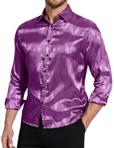 ZAFUL Men Metallic Satin Dress Shirt Luxury Jacquard Long Sleeve Casual Button Down Shirts Silk Shirts Purple XL - Thumbnail 6
