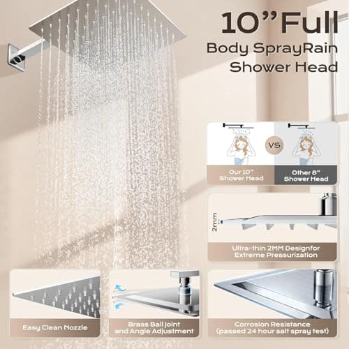 Concealed Shower System with Brass Pressure Balance Valve, 10 Inch Rain Shower Head & Handheld Spray, Solid Brass Rough-In Valve, Anti-Scald Faucet Set, 1/2" US NPT, Silver - Thumbnail 5