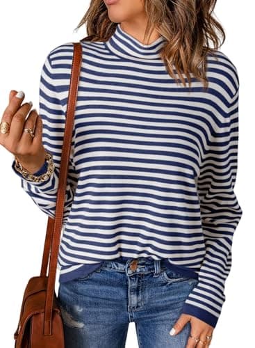 Dokotoo Womens Plus Size Blue Striped Knit Loose Fit Long Sleeve Turtleneck Pullover Sweater X-Large - Image 1