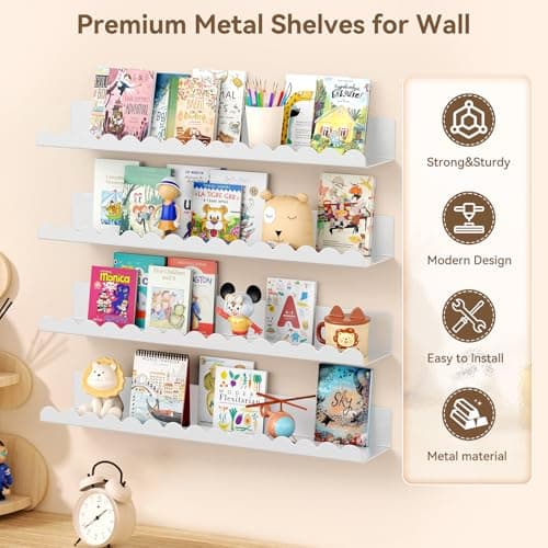 Gattlukd Floating Shelves for Wall, 23 Inch Metal Nursery Book Shelves 4 Pack, Wall Mounted Book Shelf for Kids Room, Bedroom, Bathroom, Playroom Decor （White） - Thumbnail 3
