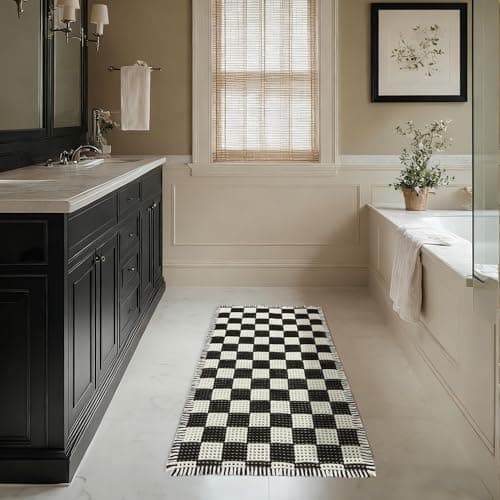 MatEssenz Checkered Runner Rug 2'x4', Black and White Waffle Weave Long Bathroom Rug with Tassels, Non-Slip & Quick Dry Bath Mat for Double Vanity & Kitchen, Machine Washable Boho Decor - Thumbnail 3
