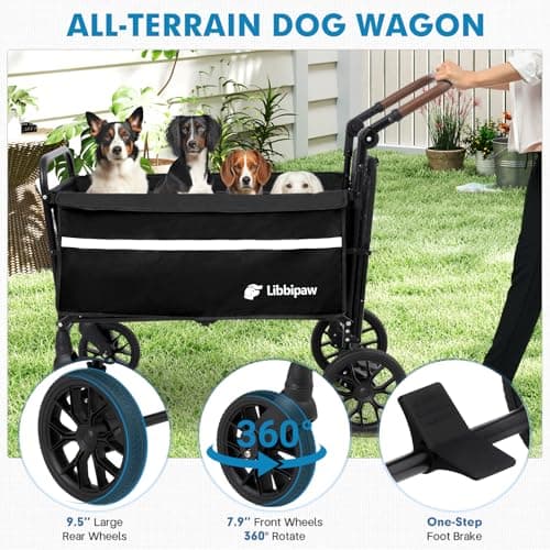 Libbipaw Dog Wagon for Medium & Large Dogs, Foldable All-Terrain Dog Stroller Wagon with Ramp, Adjustable Handle, One-Step Brake, Heavy Duty Pet Wagon (Black) - Thumbnail 4