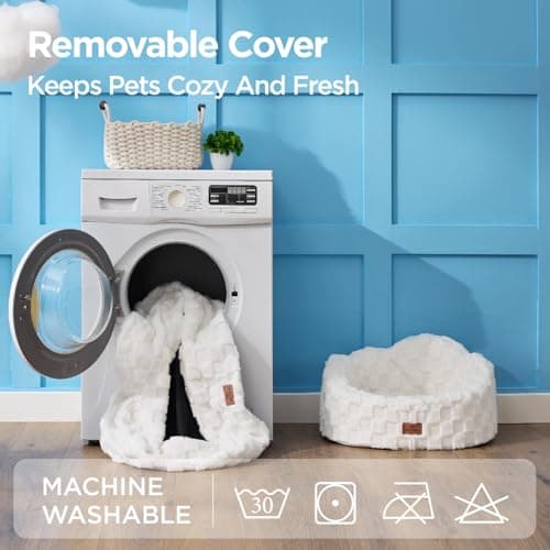 Joydeco Cloud Dog Bed for Small Dogs & Cats, Washable Pet Bed with Orthopedic Foam and Removable Checkered Plush Pad, Non-Slip Bottom for Indoor Puppies and Kittens, 27x24 Inch, White - Thumbnail 5