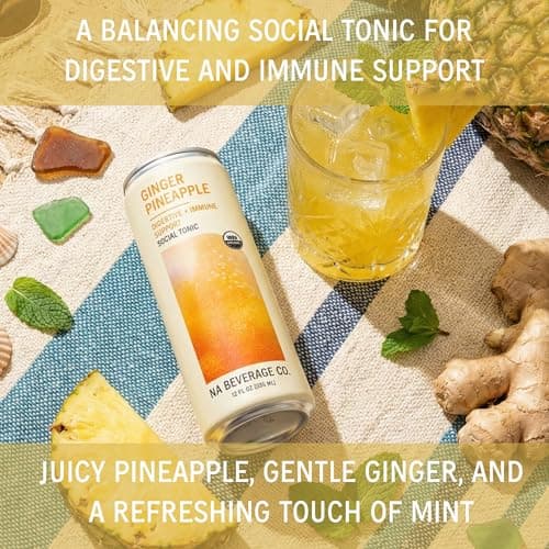 NA Beverage Social Tonic, Non-Alcoholic Functional Mocktails with 2000mg Prebiotic Fiber, Mushrooms & L-Theanine, Ginger Pineapple, 12oz Cans (12 Pack) - Thumbnail 4