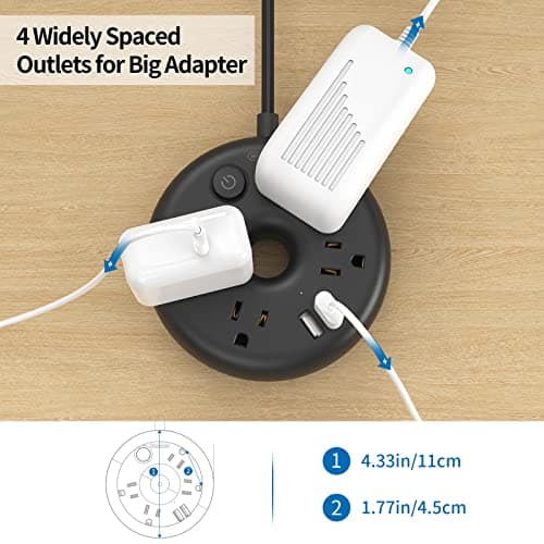 NTONPOWER 25ft Black Power Strip with 4 Outlets, 2 USB Ports, Desktop Extension Cord, Overload Protection, Fireproof ABS+PC Shell - Thumbnail 3