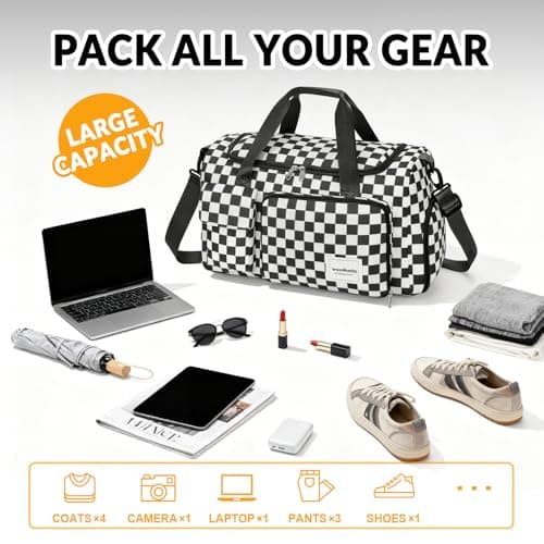 WOOMADA Foldable Travel Duffel Bag for Women, Weekender Bags with Shoes Compartment,Overnight Bag with Wet Pocket & Trolley Sleeve(black&white checkboard) - Thumbnail 3