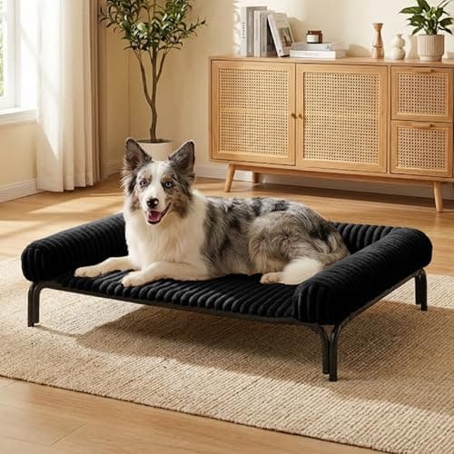 Elevated Dog Bed with Removable Fluffy Pillow Cushion, Raised Pet Cot Washable Bolster, Dog Couch Sofa, Anti Slip Feet, Breathable Mesh, Matte Black, 36"×26"