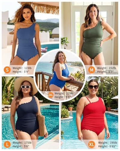 Charmo Womens One Piece Swimsuits Scalloped One Shoulder Bathing Suit Ribbed Tummy Control Modest Swim Suit Magenta Pink S - Thumbnail 6