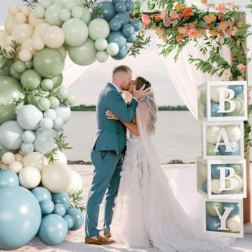 Dusty Blue Sage Green Balloon Baby Shower Decorations, 132Pcs Fog Blue Light Blue Green Sand White Balloon Arch Garland Kit Baby Box with Letters for Boho Baby Shower Gender Reveal Party Decorations - Thumbnail 5