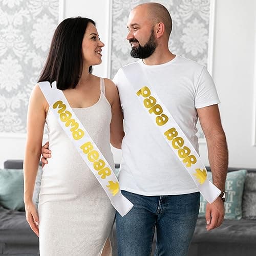 Mama Bear & Papa Bear Baby Shower Sash Bundle - With Cute Bear (White Sashes & Gold Lettering) Girl or Boy Baby Shower Party Decorations Gifts Favors Mom Dad Supplies Gender Reveal Mommy Bear Sash - Thumbnail 4