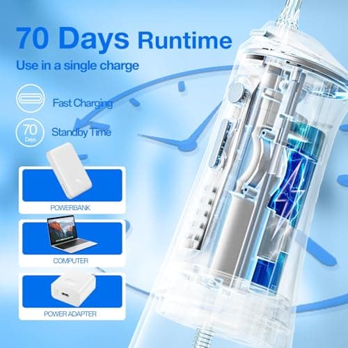 KIWIBIRD Water Dental Flosser Cordless with UVC Light, 3 Modes Portable Oral Irrigator, IPX7 Waterproof, 300ML Tank, Electric Teeth Cleaner for Tonsil Stones, Home & Travel Use (Black & White) - Thumbnail 6