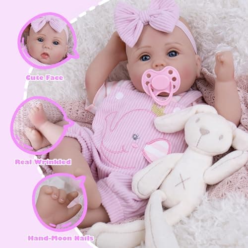 Milidool Lifelike Reborn Baby Dolls Realistic Baby Girl Dolls 18Inch Newborn Baby Girl with Pink Doll Clothes with Elephant Pattern for Kids Age 3+ - Thumbnail 6