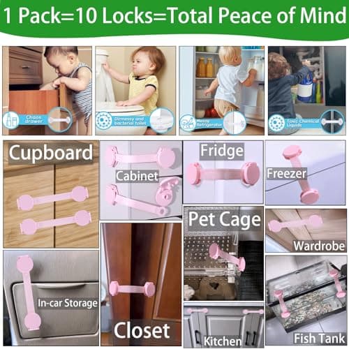 Bstsilver 10-Pack Cabinet Locks Childproof Baby Proofing for Drawer Door Fridge Kitchen Ovens Cupboard Toilet Trash Freezer, Refrigerator Latches for Toddler Cat Dog Pet, Closet Kitchen Adhesive Strap - Thumbnail 3