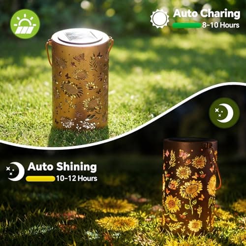 2 Pack Sunflower Solar Lanterns Outdoor Waterproof , Garden Backyard Patio Decor Gifts for Women Mom Sister Her, Grandma Hanging Solar Lights Metal Decoration Outside for Yard, Patio, Backyard, Porch - Thumbnail 4