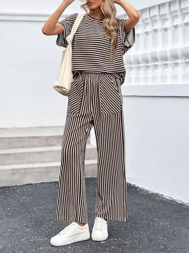 Tankaneo Womens Striped 2 Piece Sets Short Sleeve T Shirts Wide Leg Pants Matching Lounge Set with Pockets - Thumbnail 3