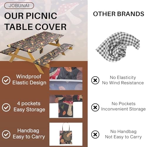 Jobunai Picnic Table Cover with Bench Covers Fitted Waterproof Camping Tablecloth with Elastic for 8Ft Rectangle Tables Outdoor Travel Rv Essentials Summer Vacation Accessories Gift for Men Women - Thumbnail 4