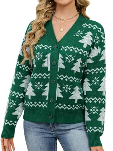 SunnyMelody Womens Christmas Funny Ugly Cardigan Sweater Winter 2025 Snowflake Santa Reindeer Tree Vacation Outfits Oversized Button Front Xmas Cardigans Green XL - Image 1