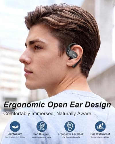 RICHJOY Open Ear Earbuds,Lightweight Comfort Wireless Earbuds with Earhooks,40H Playtime Powerful Sound AI Clear Calls Sport Bluetooth Earbuds Waterproof for Running Office Fitness(Black) - Thumbnail 2