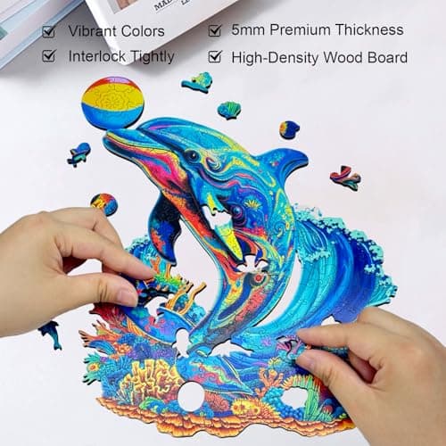 Hopelucr Wooden Puzzles for Adults and Kids, Playful Dolphin Wooden Jigsaw Puzzle 200 Pieces, Unique Shaped Wooden Puzzles, Birthday Gift for Family Game Night Home Decor 11 * 9.4in - Thumbnail 5