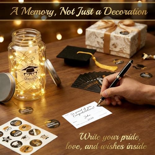 9 Pcs Graduation Centerpieces for Tables with LED Lights, Class of 2026 Graduation Tables Decorations, Mason Jar Style with String Lights, Caps, Note Cards, Stickers & Adhesive Spots (Black Gold) - Thumbnail 2