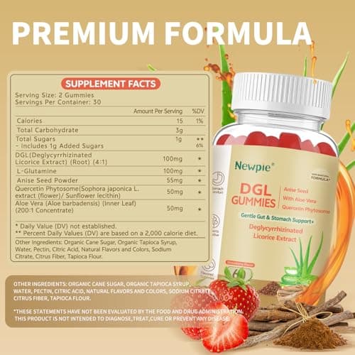 DGL Gummies | Deglycyrrhizinated Licorice Root Extract, Quercetin, Aloe Vera, Anise Seed Powder | Gut Health, Stomach Soothe, Gerd Support, Digestive Comfort | Gluten Free, 120 ct(Strawberry Flavor) - Thumbnail 2