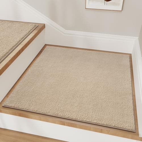 tchdio Stair Treads Landing-Rug Non Slip Mat, Soft Stair Treads for Wooden Steps Indoor, Square Stair Carpet Treads Reusable Adhesive for Kids and Pets, Washable Stair Rugs Stair Runner 31"x31" Beige - Image 1