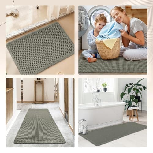 Siyaluens Luxury Waffle Bath Mat, Super Absorbent Non Slip Bathroom Rugs, Boho Ultra Soft Comfort Machine Washable Quick Dry Floor Mats with Tassels (Olive Green, 17" x 24") - Thumbnail 6