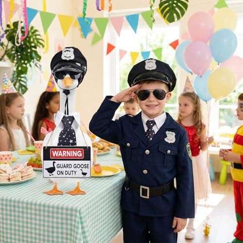 yuboo 4Pcs Police Officer Porch Goose Outfit, Funny Guard Goose Clothes for 23 Inch Large Geese, Includes Hat Sunglasses Tie & Warning Sign, Spring Summer Yard Decor - Thumbnail 3
